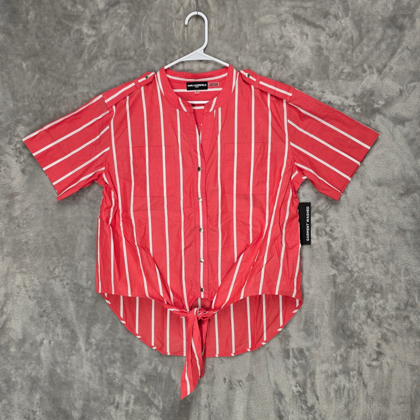Karl Lagerfeld Paris Women Striped Button Up Tie Front Shirt Top Size L Coastal